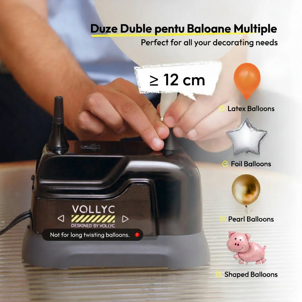 Vollyc balloon inflator with dual nozzles for balloons, shown in use.